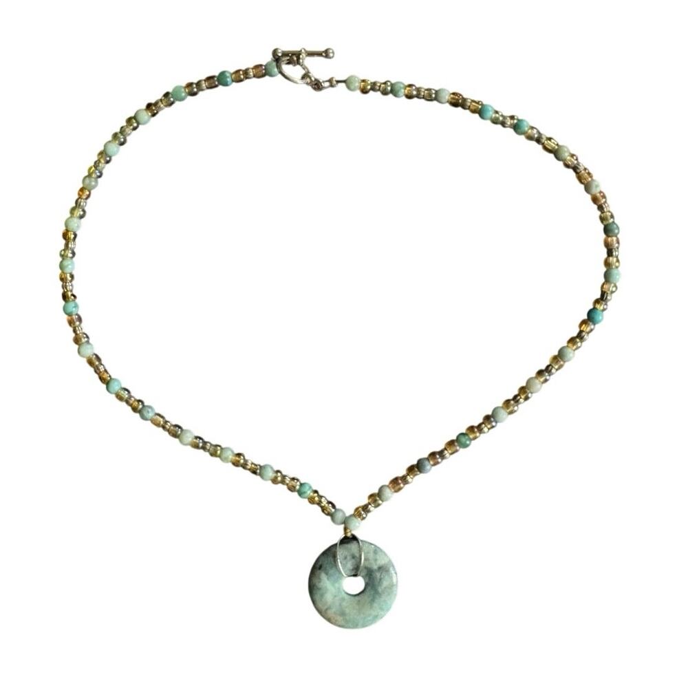Boho Beaded Stone Donut Pendant Necklace Aqua Green Artisan Statement - Picture 3 of 6